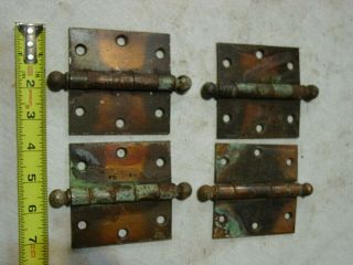 4 Antique Vintage Copper Wash Japanned 3 1/2 " X 3 1/2 " Hinges Ball Tip Finials