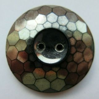 Dazzling Antique Vtg Victorian Black Glass Button 2 - Hole Faceted Silver (e)