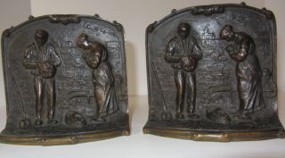 Vintage Art Deco Bronze Bookends Couple Praying In A Field