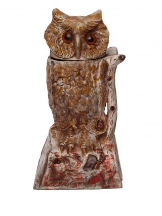 Money Bank Antique /vintage Style Cast Iron Mechanical White Owl,  Turns Head Box