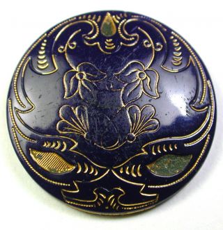 Antique Victorian Glass Button Cobalt Flowers W/ Gold Luster - 1 "