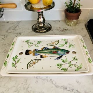 Antique Fish Platter Set (2) With Drainer Ceramic Majolica