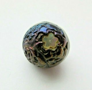 Stunning Antique Vtg Carnival Luster Black Glass Button Inlaid Mop Shell (d)