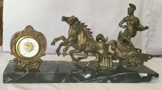 Gladiator With Chariot And Horses (bronze) With Marble Base Clock - West Germany