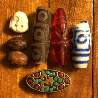 7 Tibetan & Chinese Dzi Prayer Beads Asian Old Antique Buddhism Glass,  Stone,