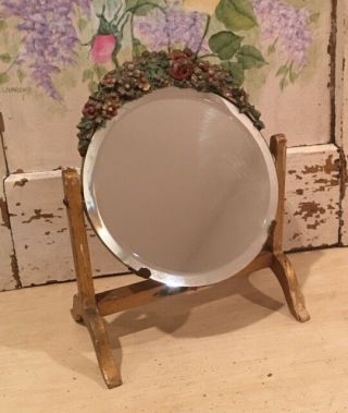 Antique Vintage English Round Beveled Barbola Mirror Border Flowers Swivel Stand
