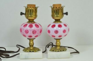 Vintage Underwriters Lab.  Pink Polka Dot Pestle Marble Brass Glass Two Lamps