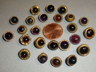 Antique Waistcoat Buttons Red And Purple Domed Glass In Brass Settings