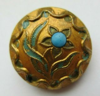 Wonderful Antique Vtg Enameled Metal Button Flower W/ Turquoise Glass 7/8 " (d)