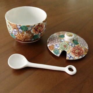 3 Piece Antique Japan Kutani Porcelain Tea Bowl Lid Spoon Hand Painted Gold Trim