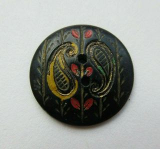 Darling Antique Vtg Carved Horn Button W/ Painted Paisley Design 3/4 " (d)