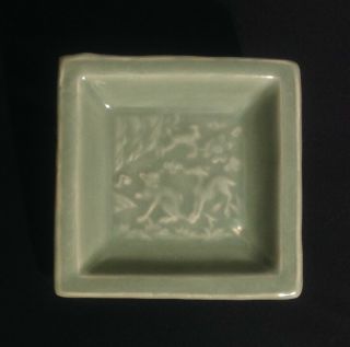 Antique Chinese Longquan Carved Celadon Porcelain Square Dish Plate