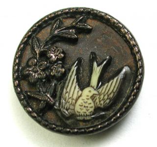 Bb Antique Ivoroid Button Bird Perched On A Branch Scene - 9/16