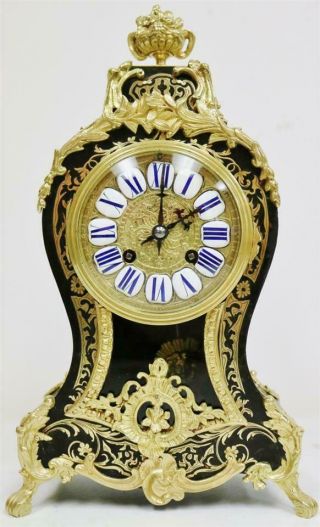 Rare Antique French 8 Day Black Shell,  Bronze & Brass Inlaid Boulle Mantle Clock