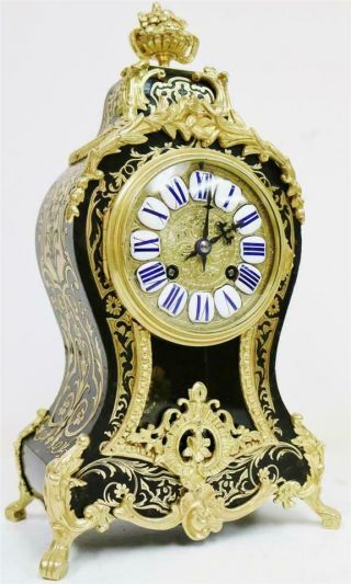 Rare Antique French 8 Day Black Shell,  Bronze & Brass Inlaid Boulle Mantle Clock 2