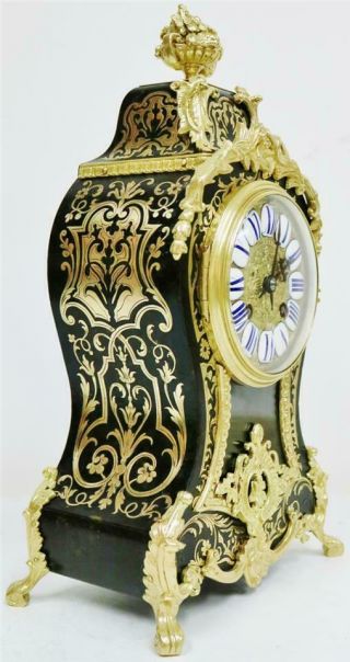 Rare Antique French 8 Day Black Shell,  Bronze & Brass Inlaid Boulle Mantle Clock 3