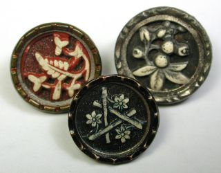Bb 3 Antique Ivoroid Buttons Various Floral Designs - 1/2 To 9/16 "