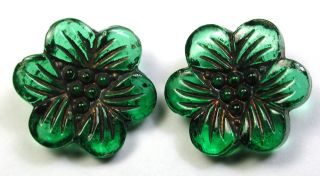 Bb Pair Antique Glass Buttons Green Color Flower Realistic - 1/2 "