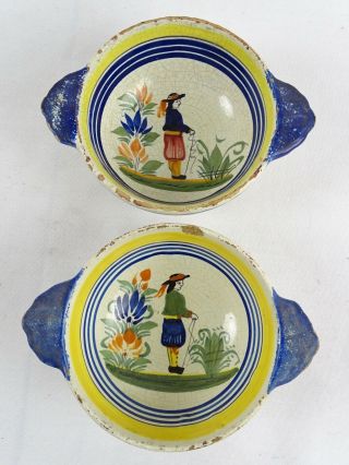Pair Antique French Henriot Quimper France Faience Figurative Two Handles