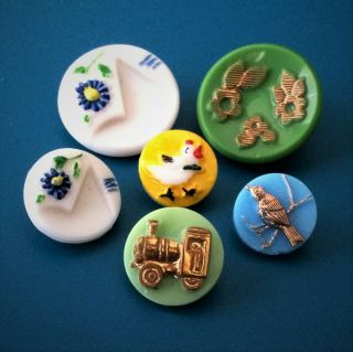 Vintage Glass Buttons - Kiddie,  Mother Daughter Flowers,  Train,  Chick,  Song Bird
