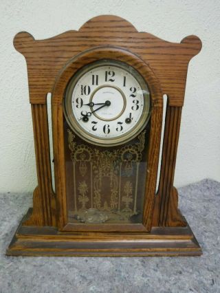 Antique Wooden Ingraham 8 Day Mantle Clock - Needs Pendulum Hanger