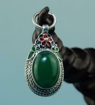 Chinese Hand - Made Silver Inlay Jade Cloisonne Flower Pendant A02