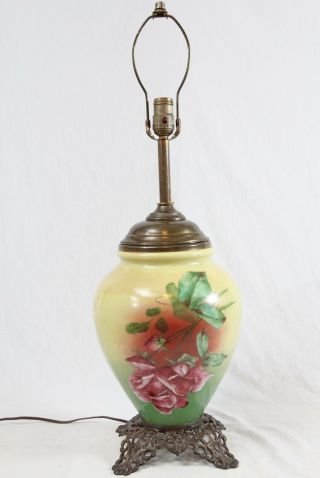 Antique Victorian Parlor Oil Table Lamp Hand Painted Rose Floral Glass Converted