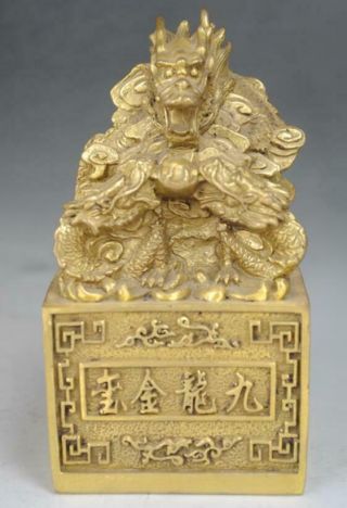 Chinese Dynasty Palace Old Brass Dragon Play Bead Imperial Seal Stamp D02