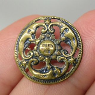 Antique Brass Picture Button Sun Face With 3 Man In Moon 11/16 "