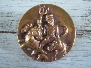 Antique Victorian Brass Picture Button Large 1 7/16 " 3 Horses Poseidon / Neptune
