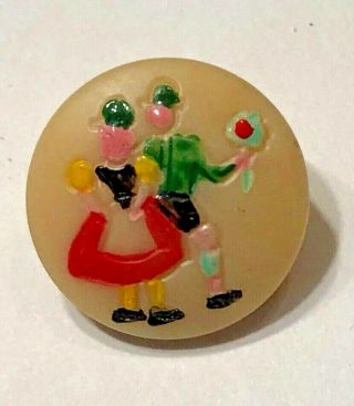 Adorable Vintage Glass Kiddie Button - Hand Painted Swiss Couple 9/16 "