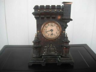 Vintage Antique Wood Shelf Castle Clock - For Repair Or Parts