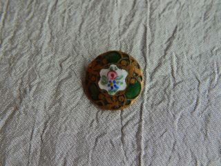 Vintage Antique Button Brass & Green Enamel w/ Rose Bud 605 - B 2