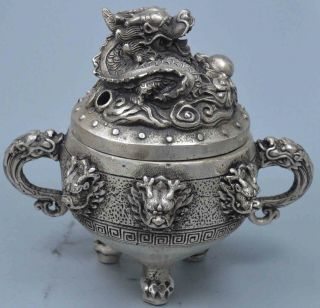 Collectable Handwork Old Miao Silver Carve Mighty Dragon Exorcism Incense Burner