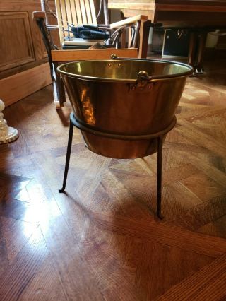 Beautifully Restored Large Brass Apple Butter Kettle With Iron Stand