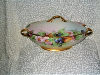 Antique Hand Painted Bavaria Blackberries & Gold Large Tureen