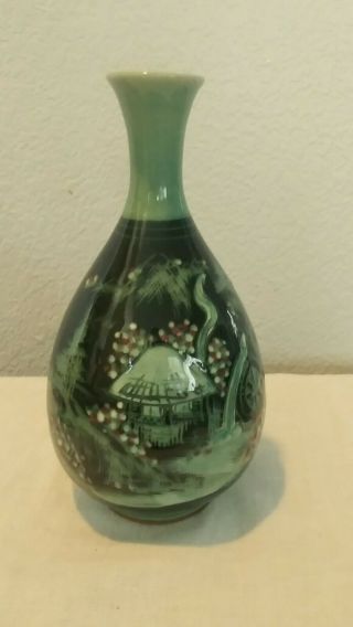 Vintage Dark Green Celadon Pottery Bottle Vase Crackle Glaze Korean Makers Mark