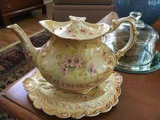 Teapot Porcelain Antique Tea Pot & Stand Underplate Trivet England 1232 9
