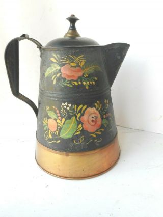 Antique Tin Toleware Coffee Pot c 1830 ' s Copper Bottom 4