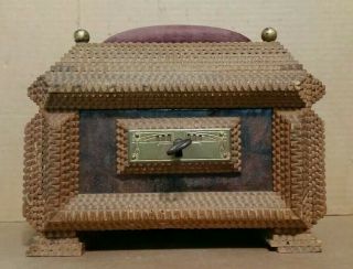 Tramp Art Sewing/jewelry Box With Mirror & Lock,  1890 