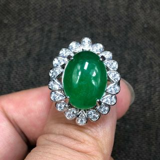 Rare Chinese S925 Silver & Green Jadeite Jade Oval Bead Handwork No.  7.  5 - 12 Ring
