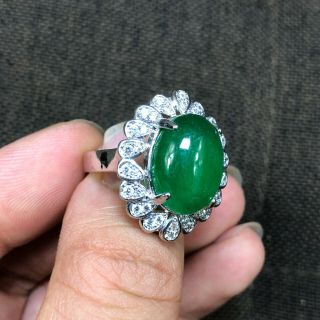 Rare Chinese S925 Silver & Green Jadeite Jade Oval Bead Handwork No.  7.  5 - 12 Ring 2