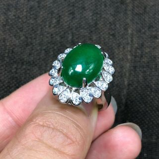Rare Chinese S925 Silver & Green Jadeite Jade Oval Bead Handwork No.  7.  5 - 12 Ring 4