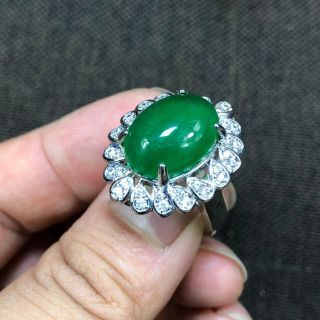 Rare Chinese S925 Silver & Green Jadeite Jade Oval Bead Handwork No.  7.  5 - 12 Ring 5