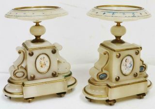 Antique French Alabaster & Brass Urn Mantel Clock Side Garnitures