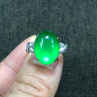 Chinese Handwork S925 Silver & Green Jadeite Jade Egg Shape Bead No.  6.  5 - 12 Ring