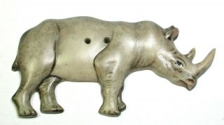 Lg Sz Hand Paint Porcelain Button Rhinoceros Realistic - 2 & 5/16 "