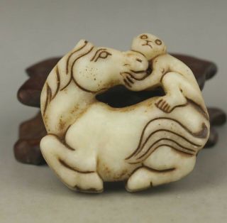 Chinese Old Natural Jade Hand - Carved Horse And Monkey Statue Pendant 1.  9 Inch