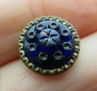 Pretty Antique Vtg Cobalt Blue Glass In Metal Waistcoat Button 9/16 " (d)