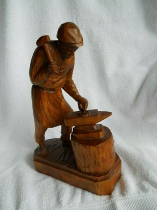 Vintage Wood Carving Blacksmith With Anvil Signed Canadian Artist Caron